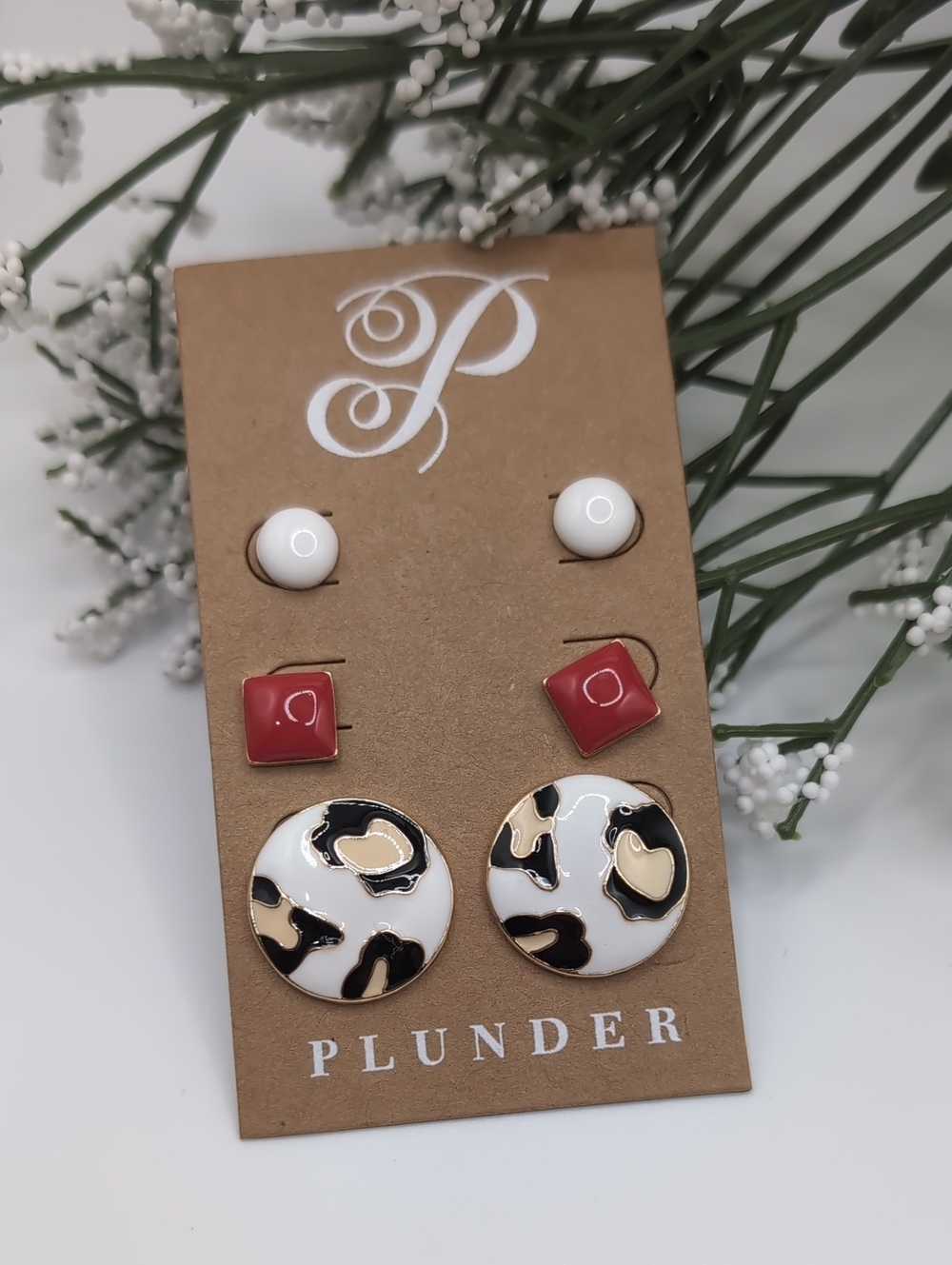Plunder White, Red & Black Animal Print Stud Earring Trio Set NEW!